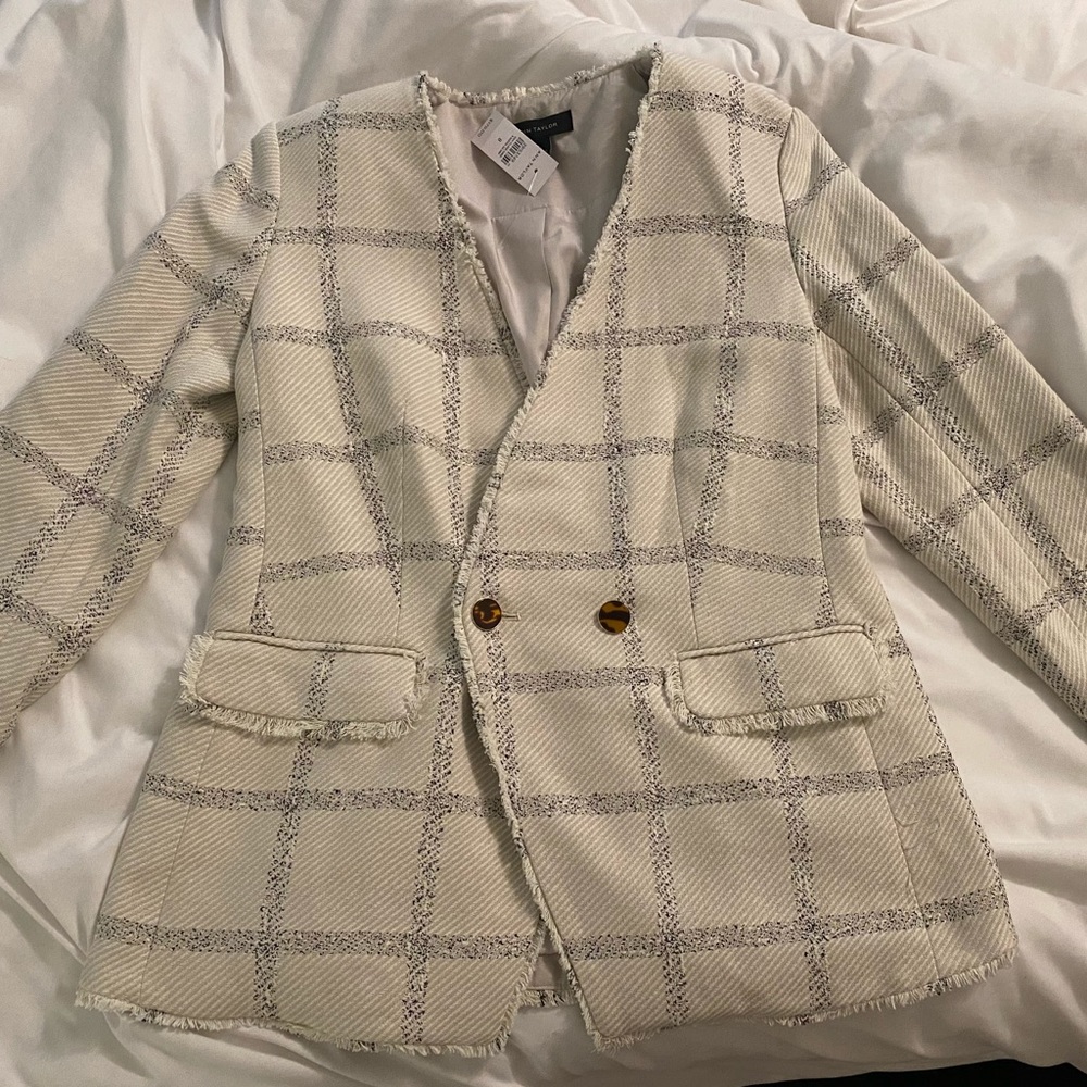 Ann Taylor Windowpane Tweed Double Breasted Blazer